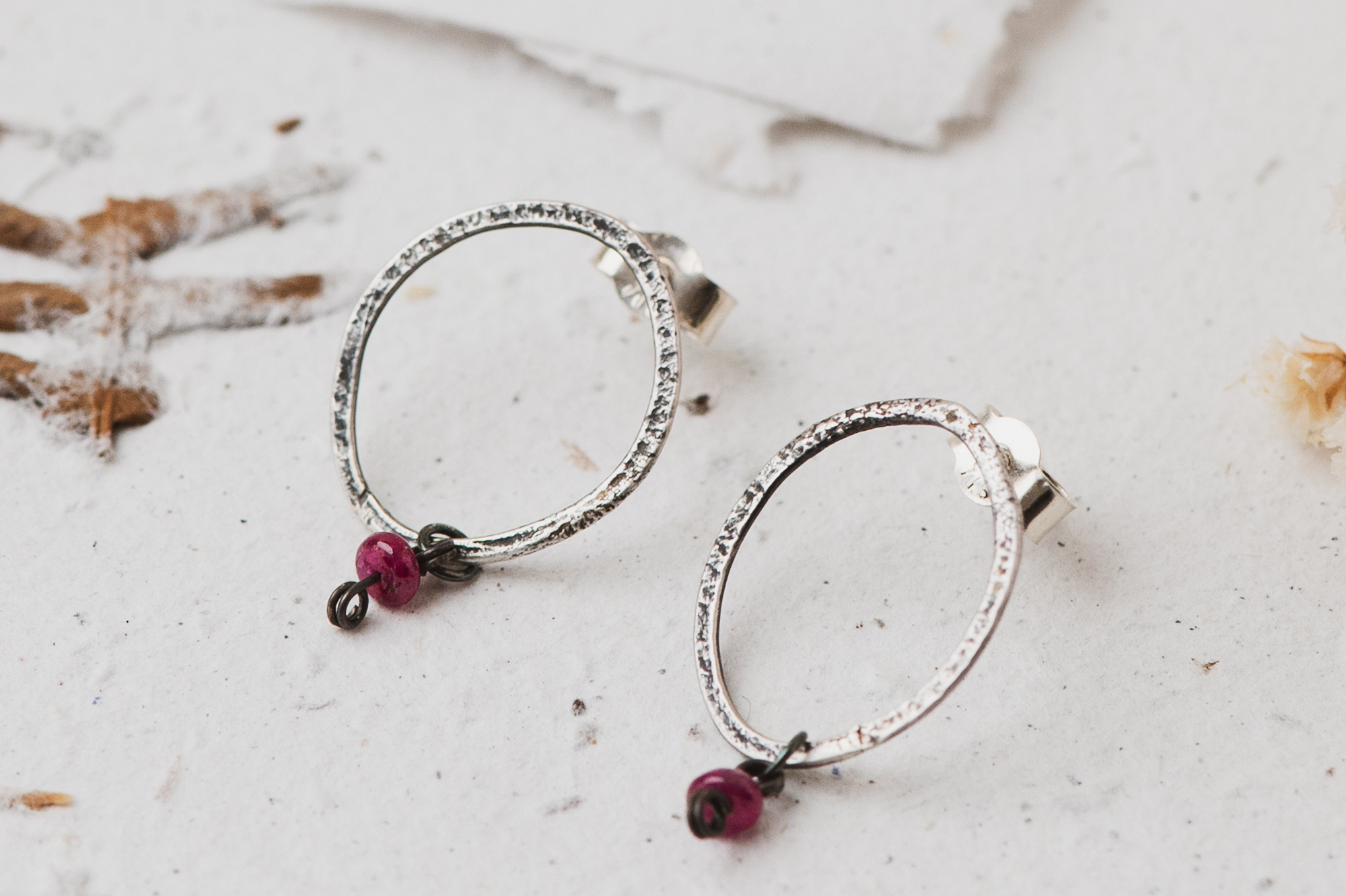 Susannah Brookes Oxidised lace studs with rubies